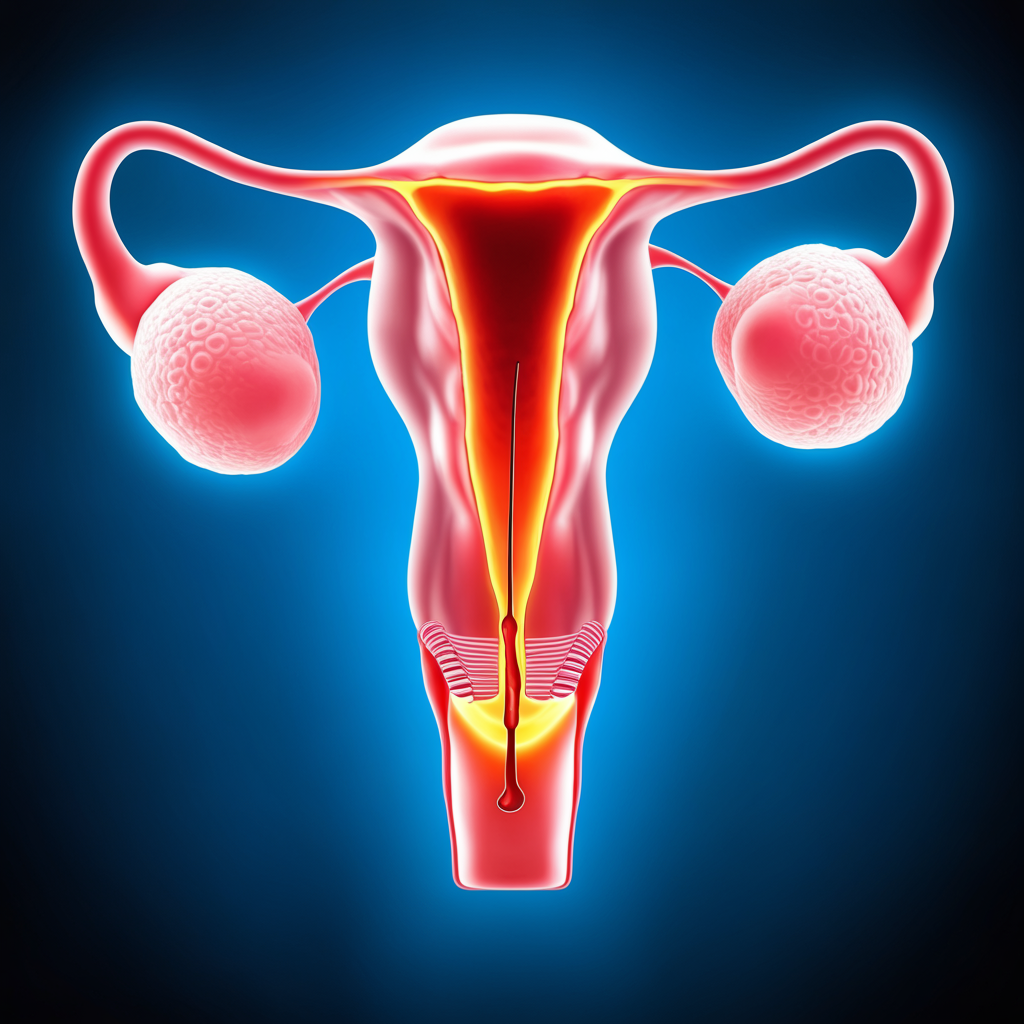 Anatomische Darstellung der Gebärmutter mit Eileitern und Eierstöcken