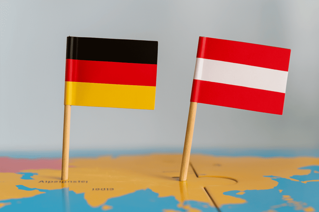 Deutsche und österreichische Flagge auf Landkarte – Kinderwunschbehandlung für deutsche Paare in Österreich
