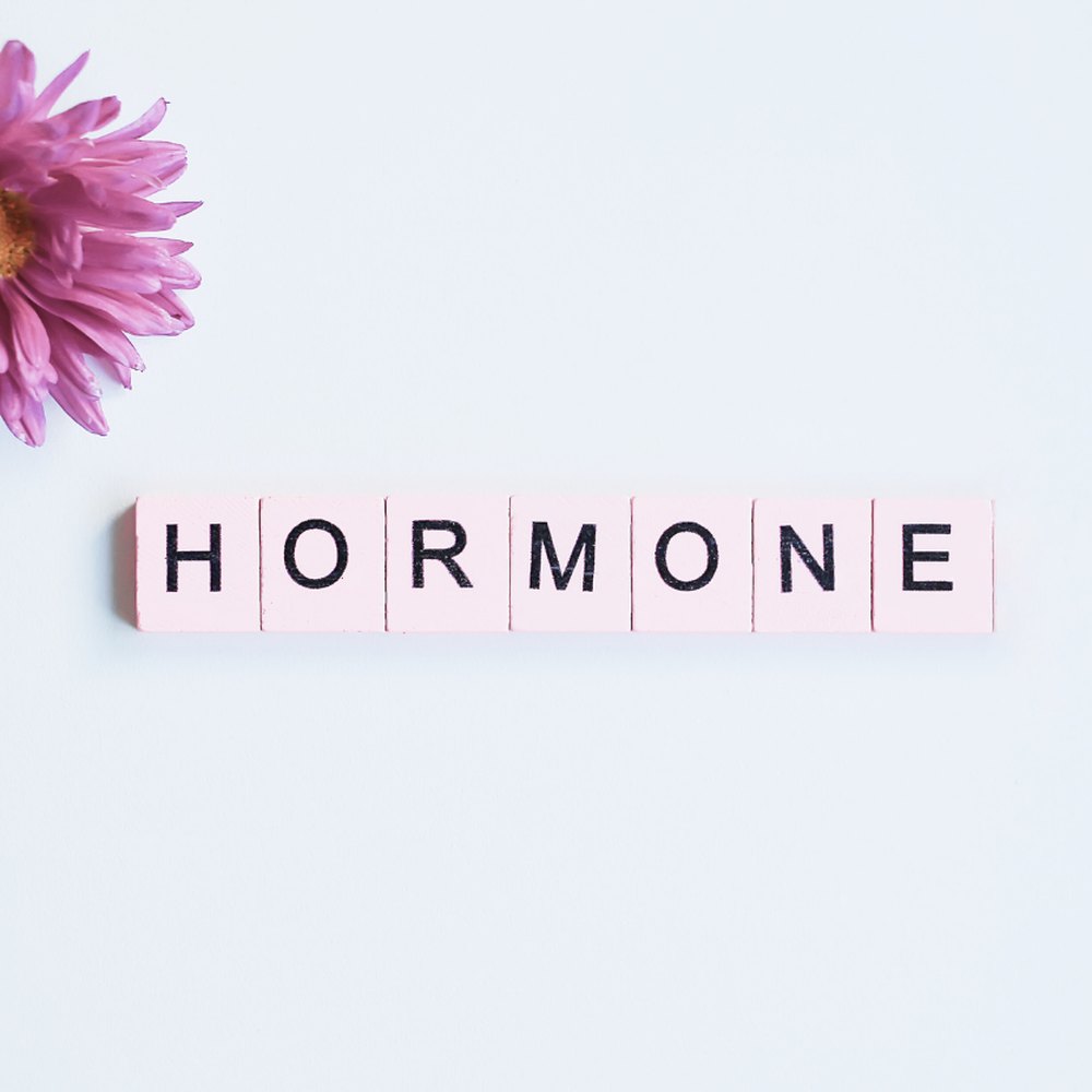 Buchstabenplaettchen ergeben das Wort Hormone, daneben eine Bluete