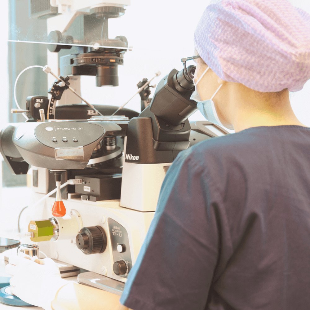 Mitarbeiterin am Mikroskop bei der Arbeit im IVF-Labor