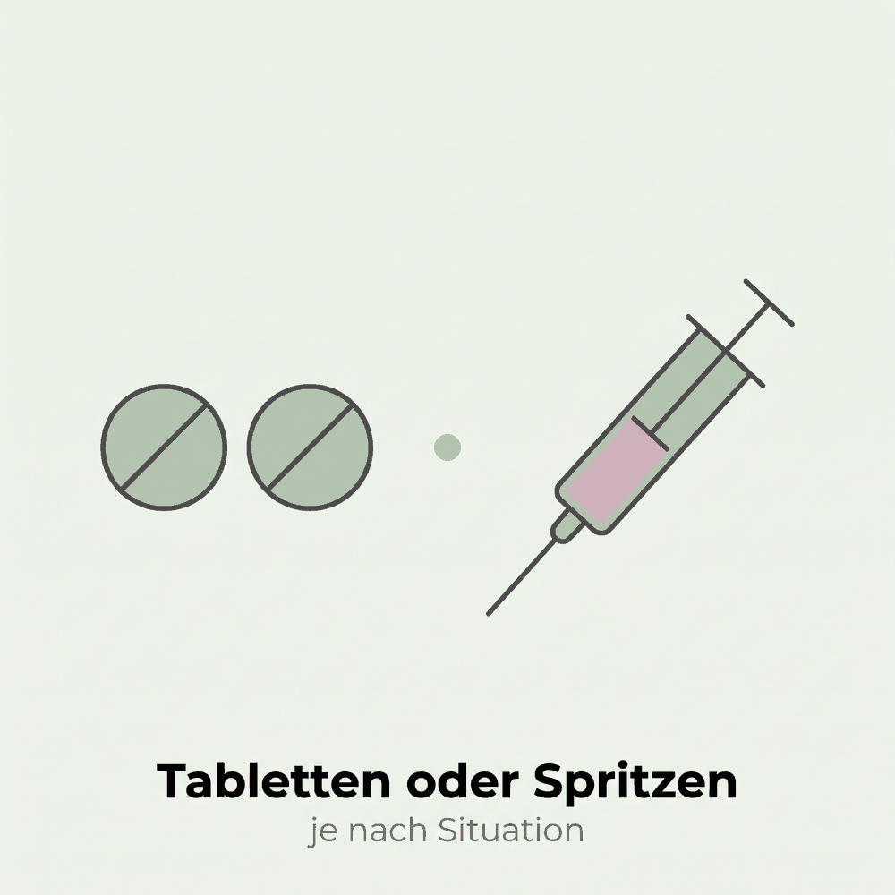 Zwei Tabletten und eine Spritze gleichrangig nebeneinander
