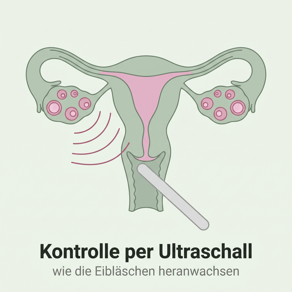 Gebärmutter mit beiden Eierstöcken und Ultraschallsonde; die Eibläschen sind unterschiedlich groß