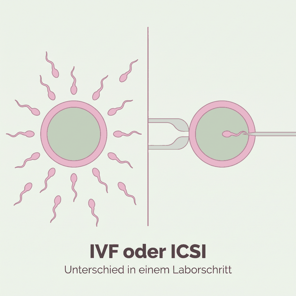 Vergleich: links dringen Spermien selbst in die Eizelle ein, rechts wird ein Spermium mit einer Nadel eingebracht