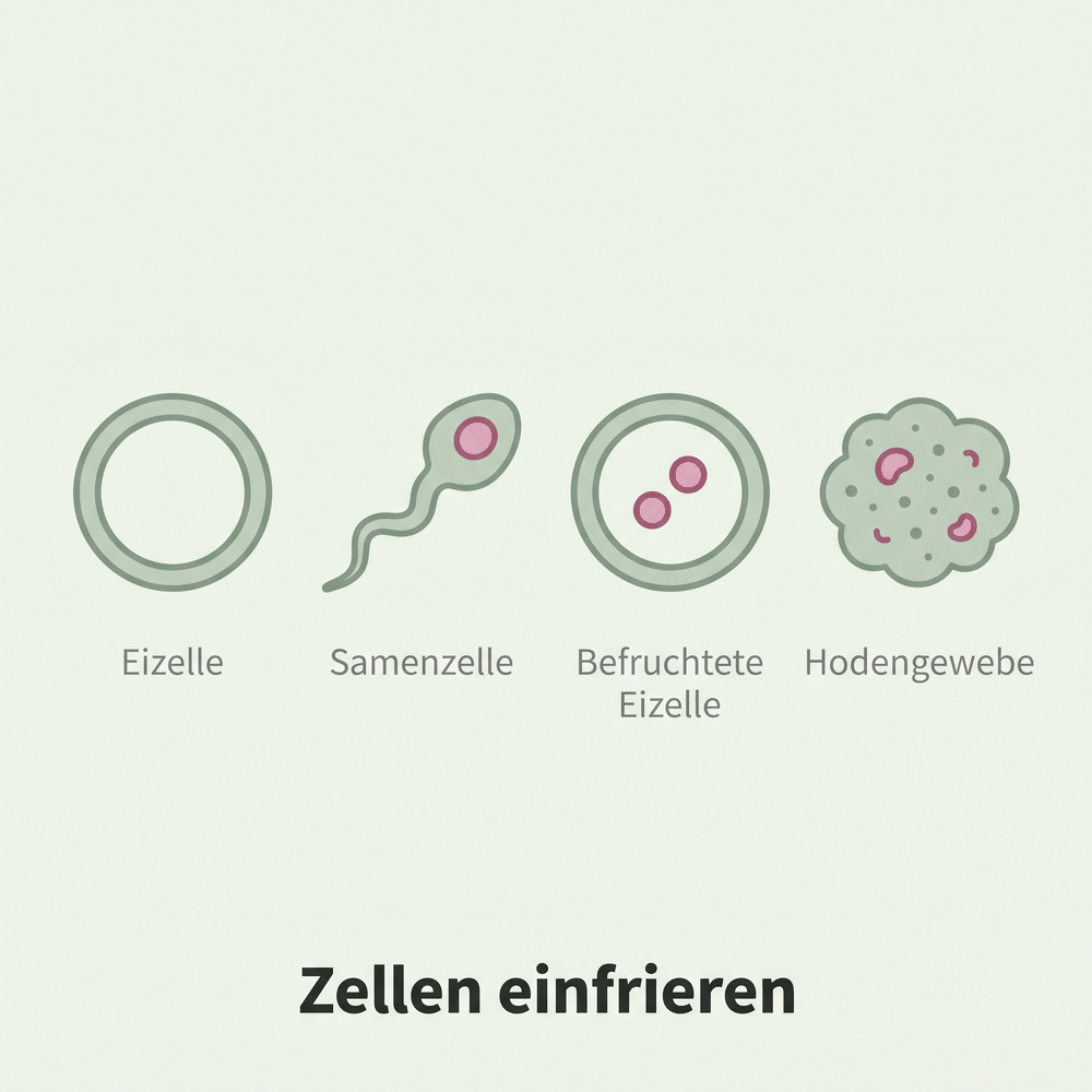 Vier Symbole: unbefruchtete Eizelle, Spermium, befruchtete Eizelle und Hodengewebe
