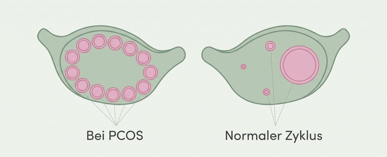 Zwei Eierstöcke im Vergleich: bei PCOS viele gleich große Bläschen am Rand, im normalen Zyklus ein einzelnes großes Bläschen