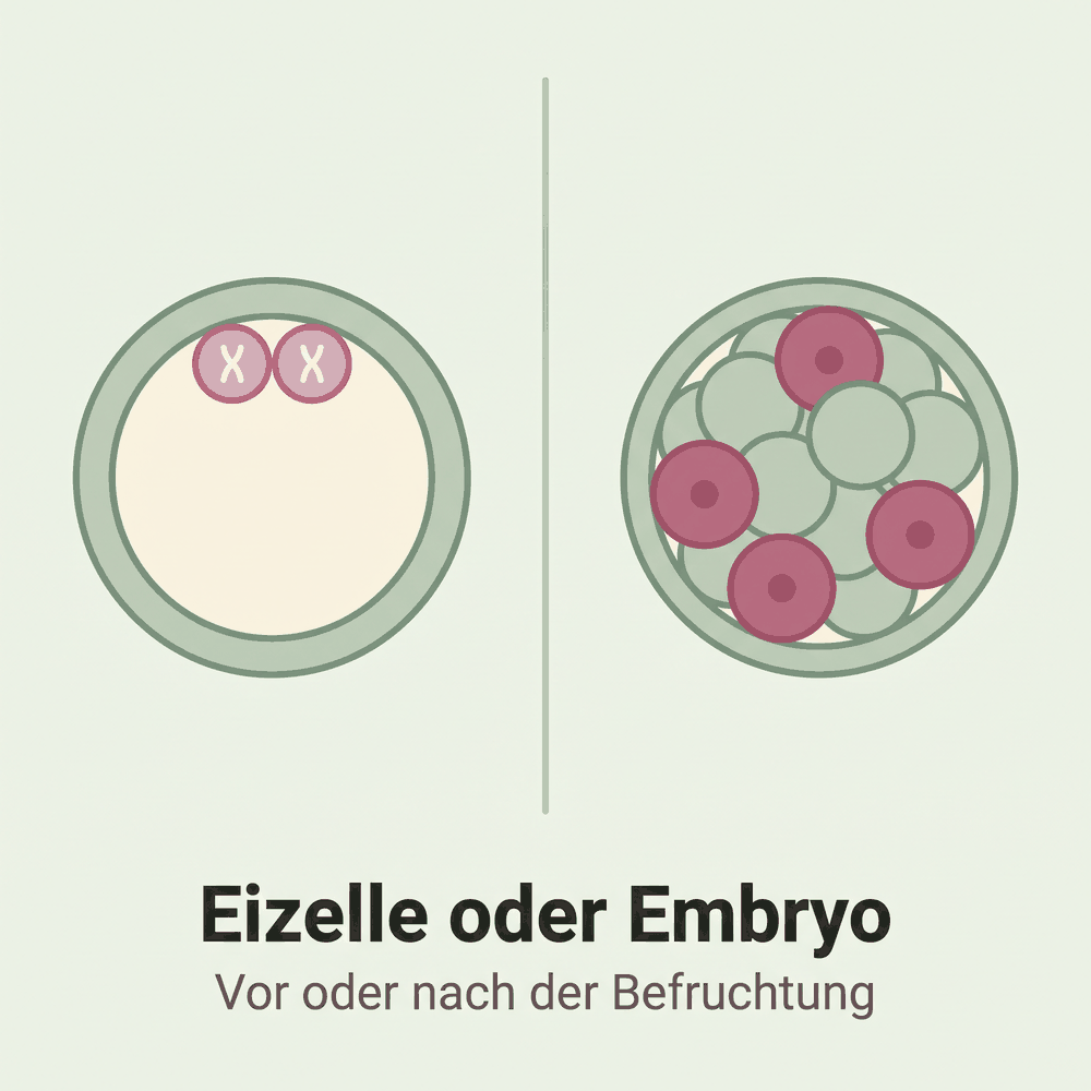 Vergleich: links Eizelle mit den beiden Polkörperchen, rechts Blastozyste mit hervorgehobenen Zellen