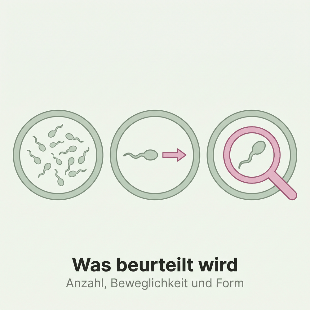 Drei Symbole: viele Spermien, ein Spermium auf gerader Bahn, ein Spermium unter der Lupe