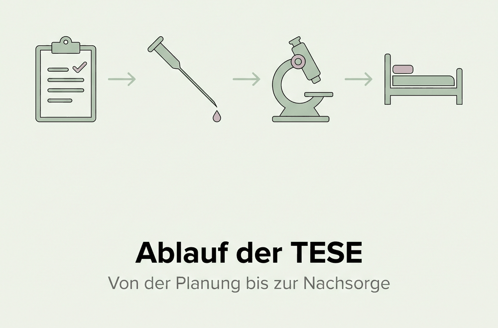 Ablauf der TESE in vier Schritten: Planung, Gewebeentnahme, Untersuchung im Labor, Nachsorge