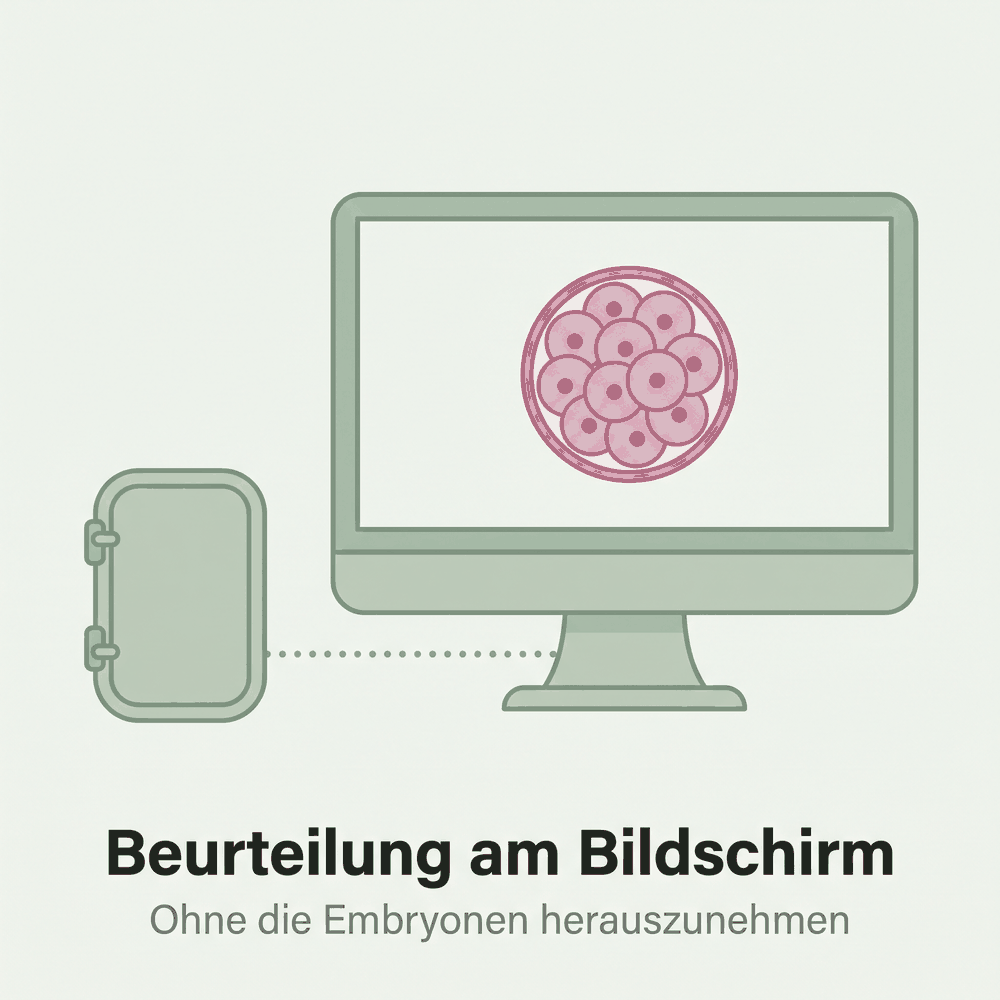Geschlossener Inkubator, verbunden mit einem Bildschirm, auf dem ein Embryo zu sehen ist