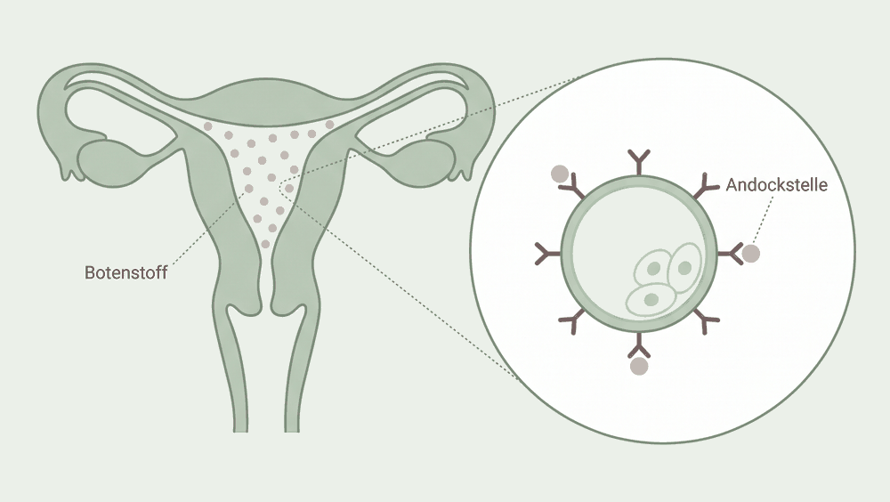 Gebärmutter im Schema mit dem Botenstoff als Punkten, daneben vergrößert ein Embryo mit den passenden Andockstellen an seiner Oberfläche