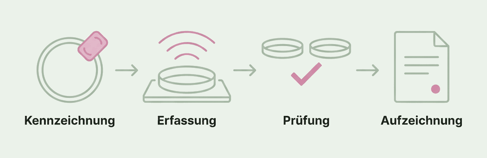 Vier Schritte in einer Reihe: Kulturschale mit Funkchip, Schale auf dem Lesegerät, Abgleich zweier Schalen, Protokollblatt