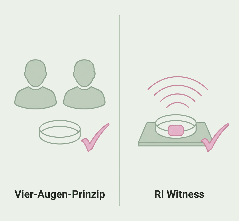 Zwei Kontrollen nebeneinander: links bestätigen zwei Personen den Schritt, rechts erkennt ein Lesegerät den Funkchip an der Kulturschale
