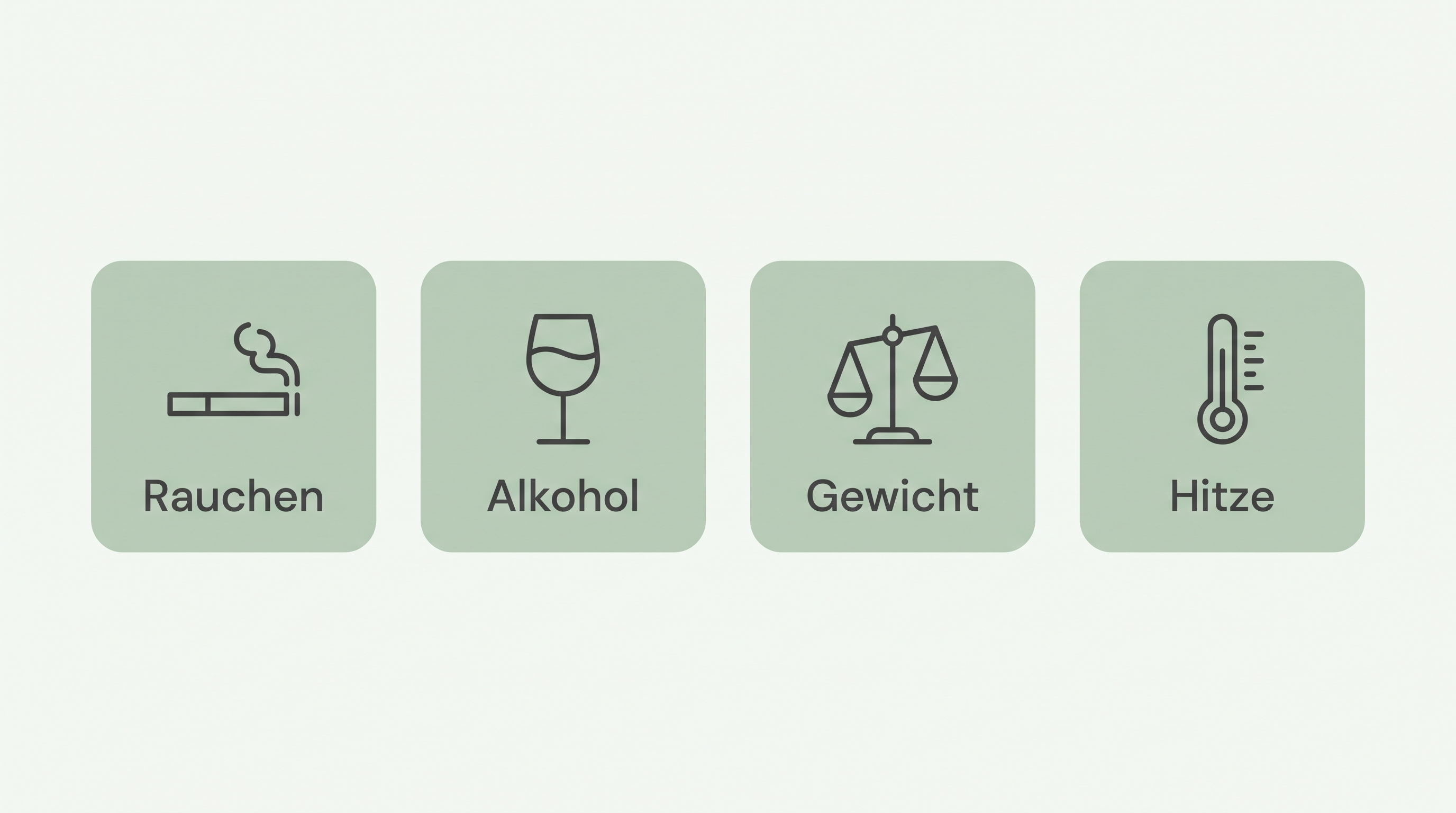 Vier Kacheln mit den beeinflussbaren Faktoren Rauchen, Alkohol, Gewicht und Hitze