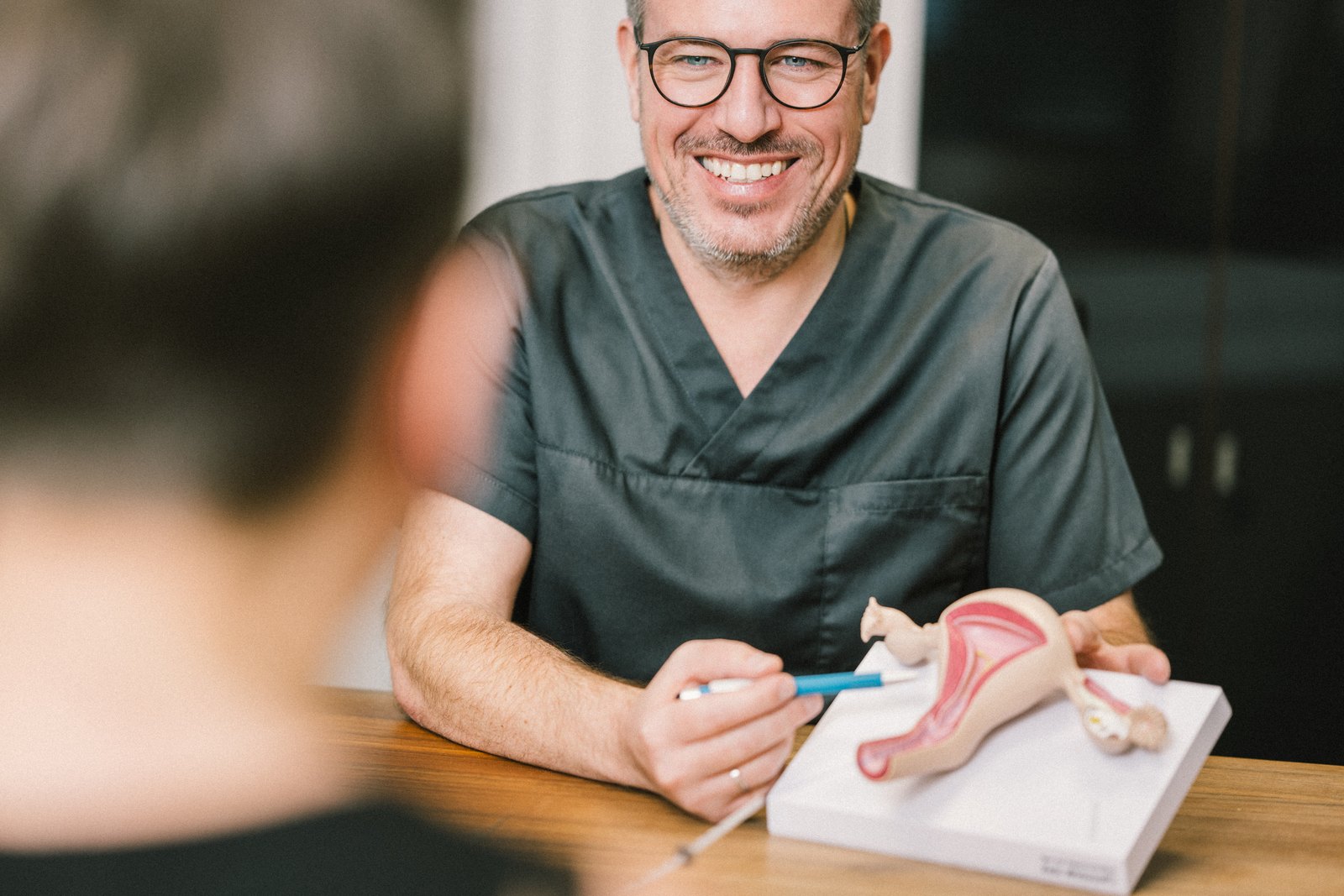 Dr. Roman Pavlik erklärt am anatomischen Modell der Gebärmutter und der Eierstöcke, eine Patientin sitzt ihm gegenüber