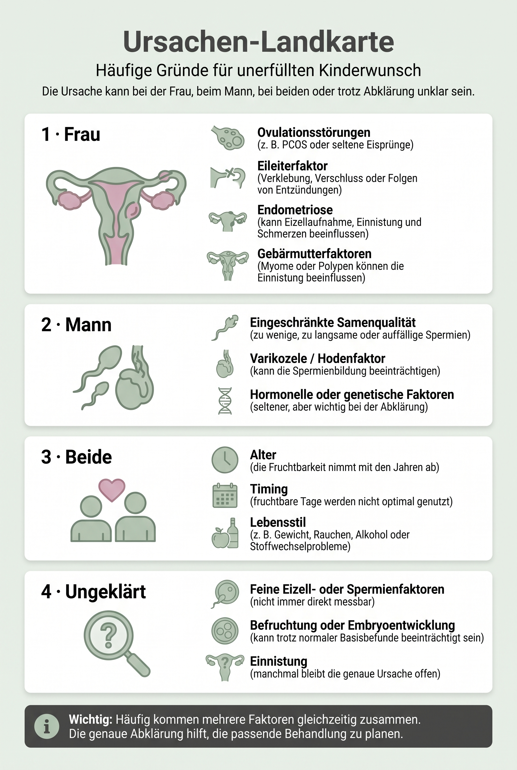 Ursachen-Landkarte: häufige Gründe für unerfüllten Kinderwunsch bei der Frau, beim Mann, bei beiden und ohne eindeutige Ursache