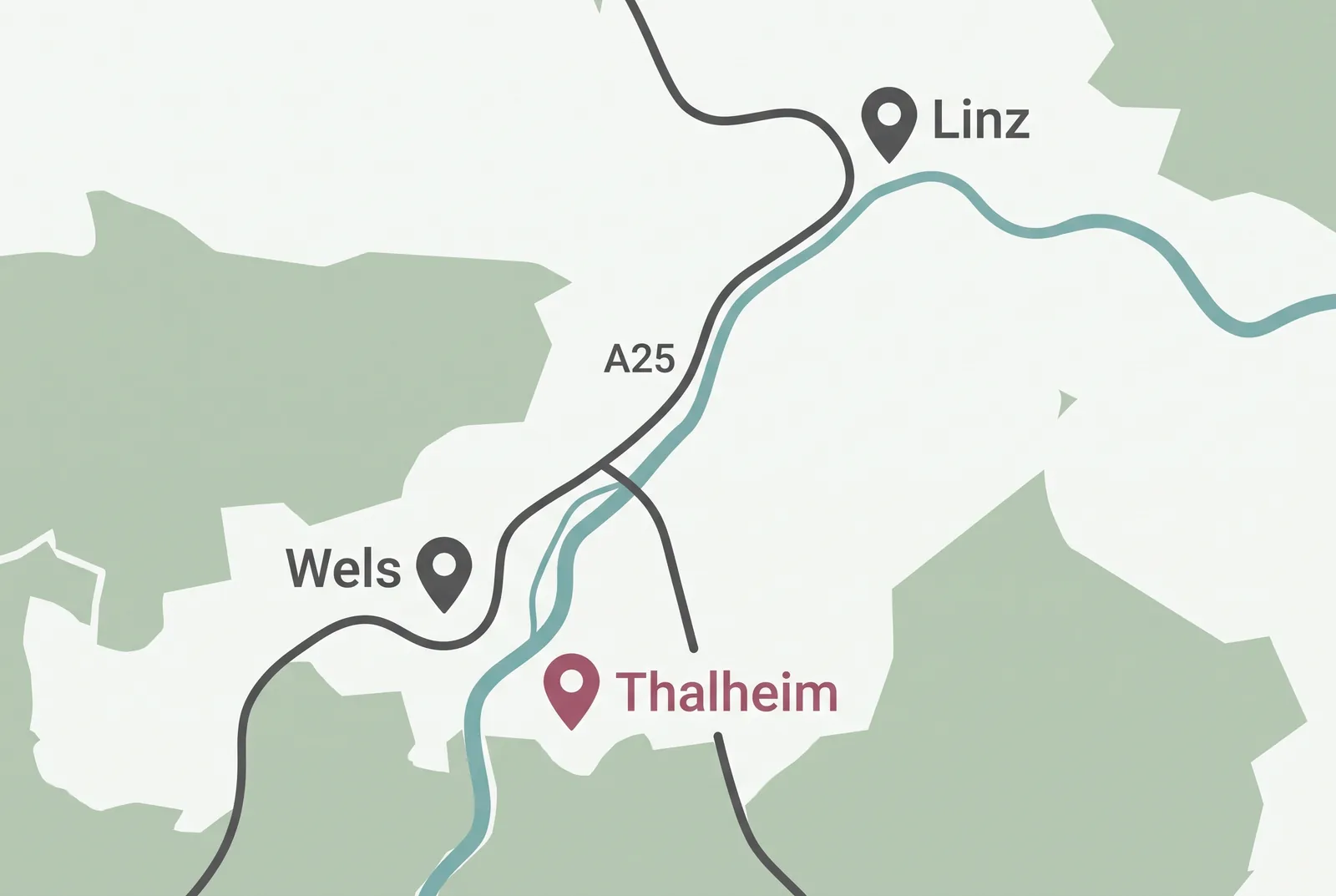 Schematische Karte der Anfahrt von Linz über die A25 nach Thalheim bei Wels zur Kinderwunschklinik