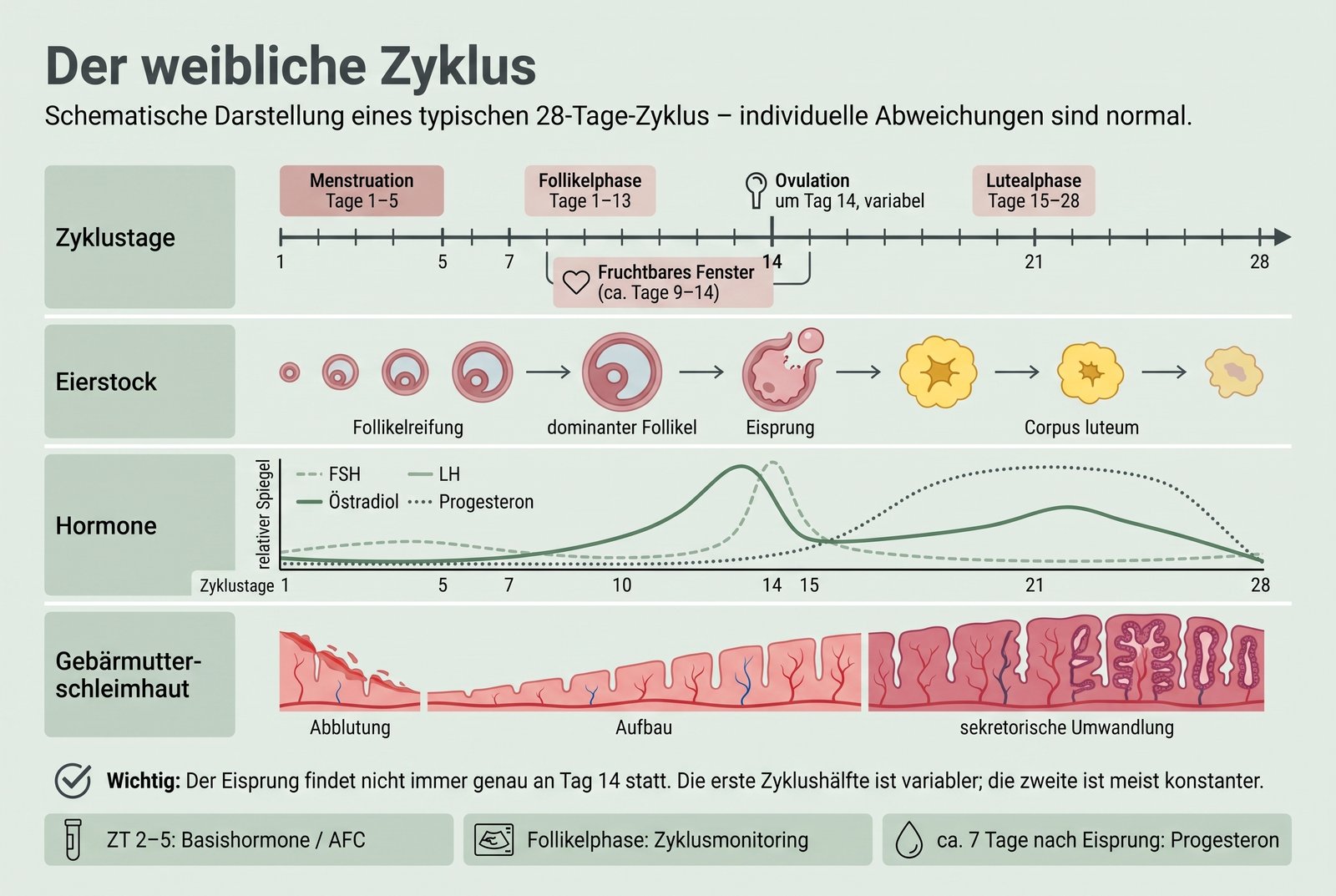 Schaubild eines 28-Tage-Zyklus mit Follikelreifung, Eisprung und fruchtbarem Fenster an den Tagen 9 bis 14