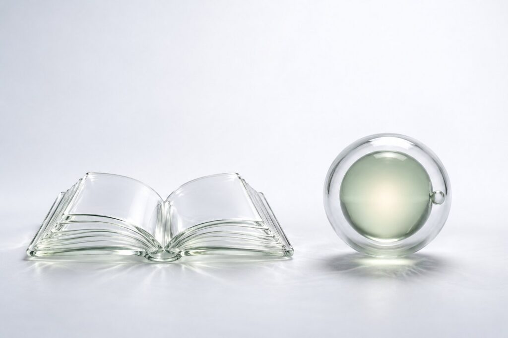 Ein aufgeschlagenes Buch aus klarem Glas neben einer gläsernen Eizelle