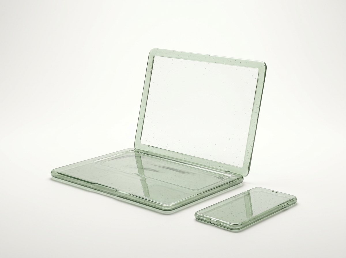 Aufgeklappter Laptop und Smartphone aus hellgrünem Glas auf einem hellen Tisch