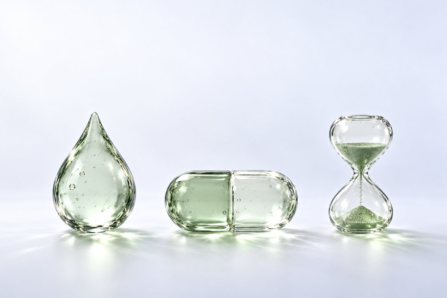 Ein gläserner Tropfen, eine gläserne Kapsel und eine gläserne Sanduhr nebeneinander