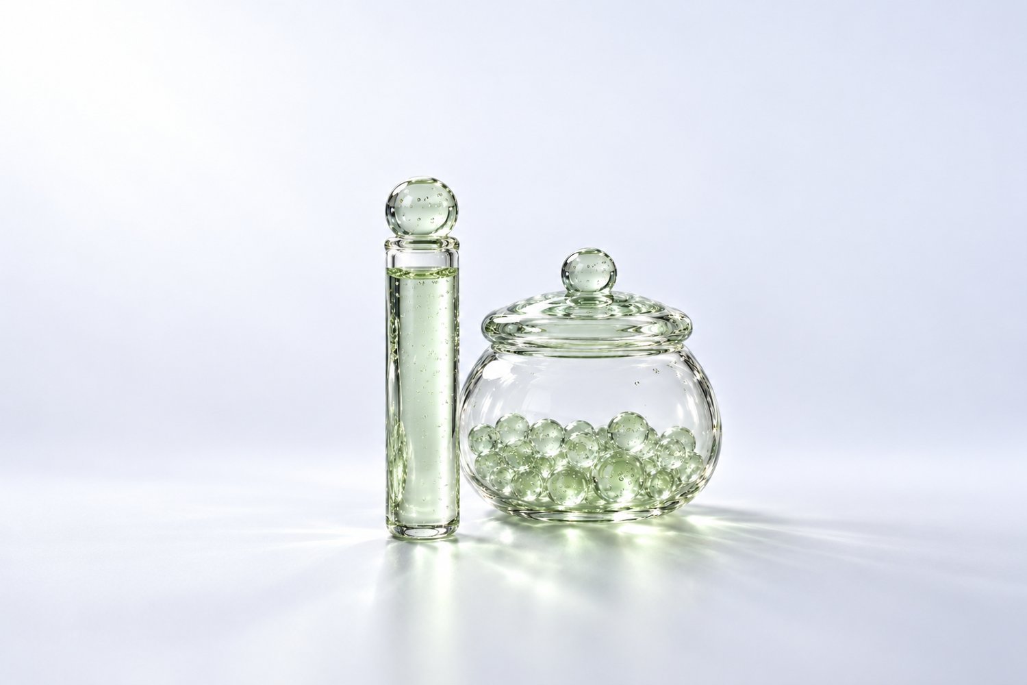 Gläsernes Blutröhrchen, gut gefüllt, neben einem gläsernen Vorratsglas, das nur zu einem Drittel mit Glasperlen gefüllt ist