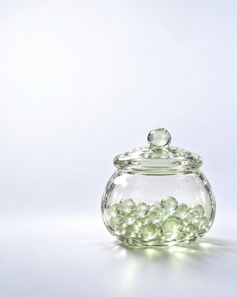 Gläsernes Vorratsglas, nur zu einem Drittel mit Glasperlen gefüllt, als Bild für den Eisenspeicher