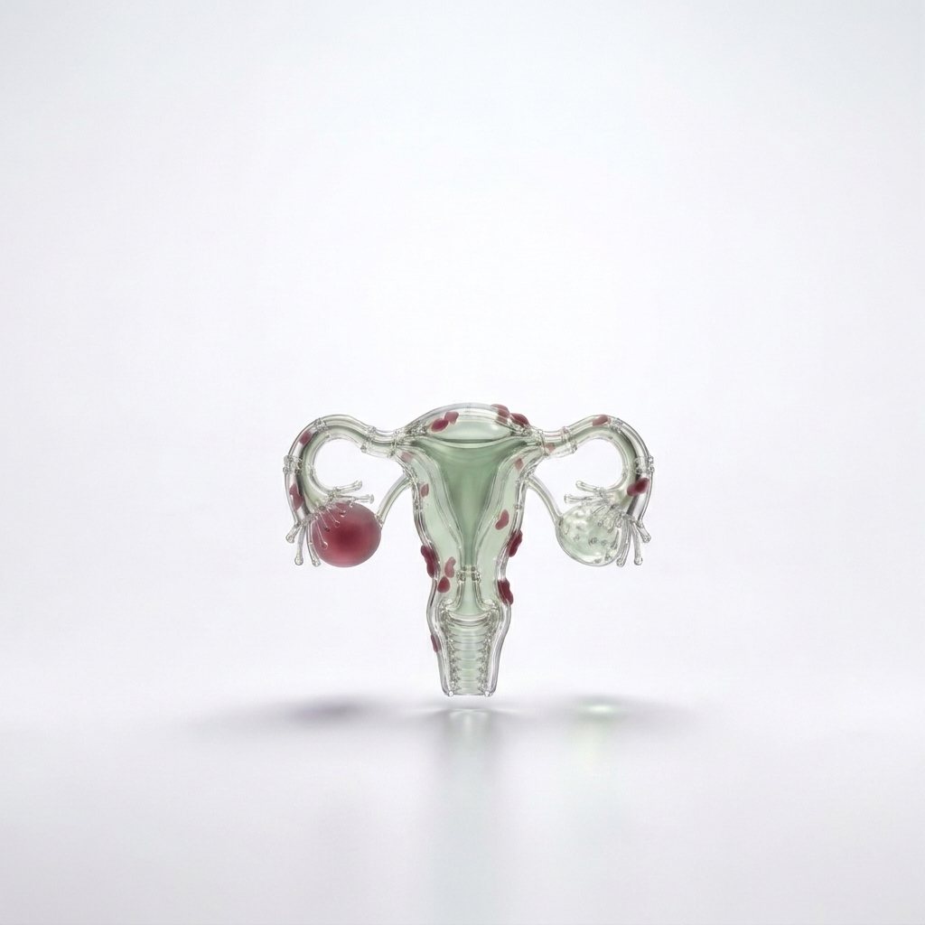 Gebärmutter mit Eileitern und Eierstöcken als Glasmodell, rosarote Endometrioseherde an den Eileitern und eine Zyste am Eierstock