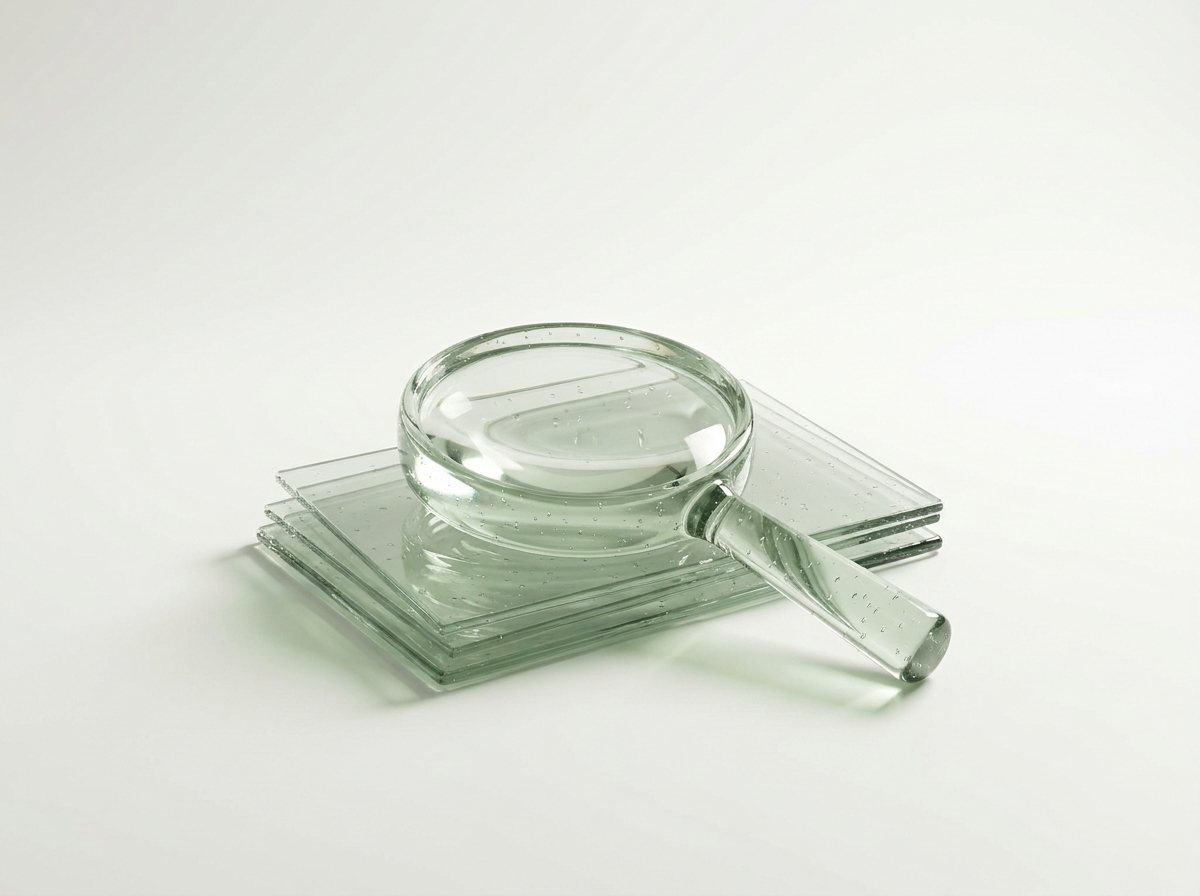 Lupe aus Glas auf einem kleinen Stapel leerer Glasblätter, als Bild für das genaue Lesen einer Erfolgsrate