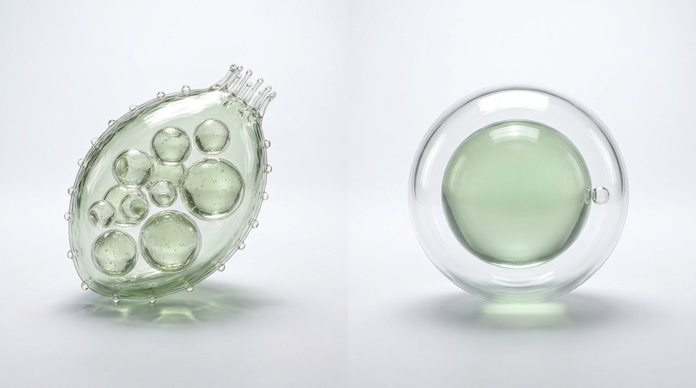 Links ein Eierstock aus Glas mit mehreren Eibläschen, rechts eine einzelne Eizelle aus Glas