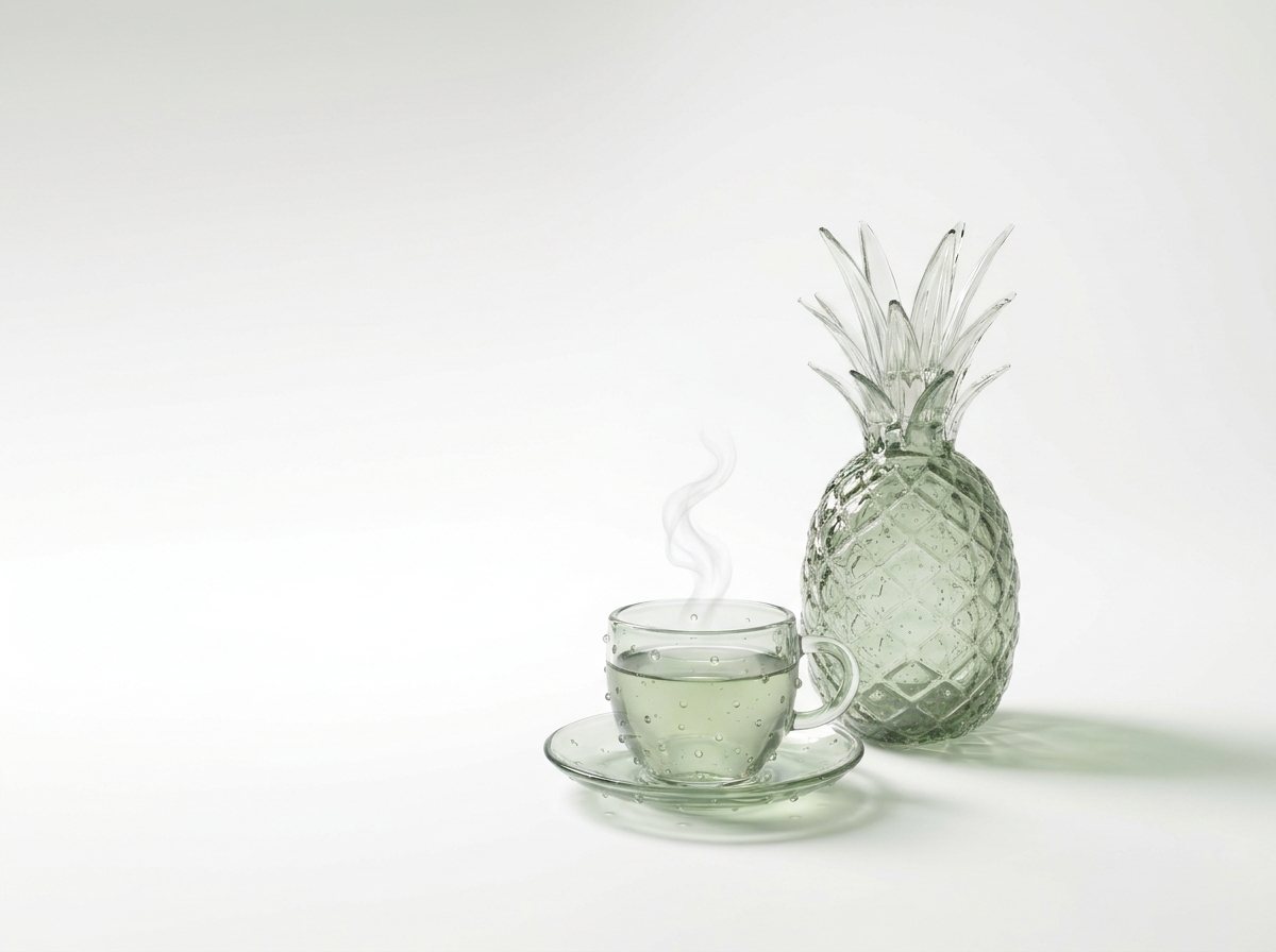 Ananas und Teetasse aus hellgrünem Glas auf einem hellen Tisch