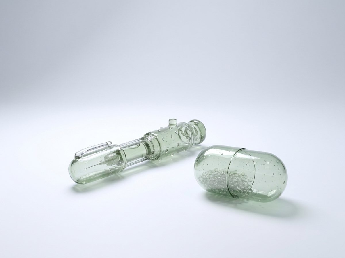 Ein Pen und eine Kapsel als Glasskulpturen in einem hellen Raum, ohne Packung und ohne Aufschrift