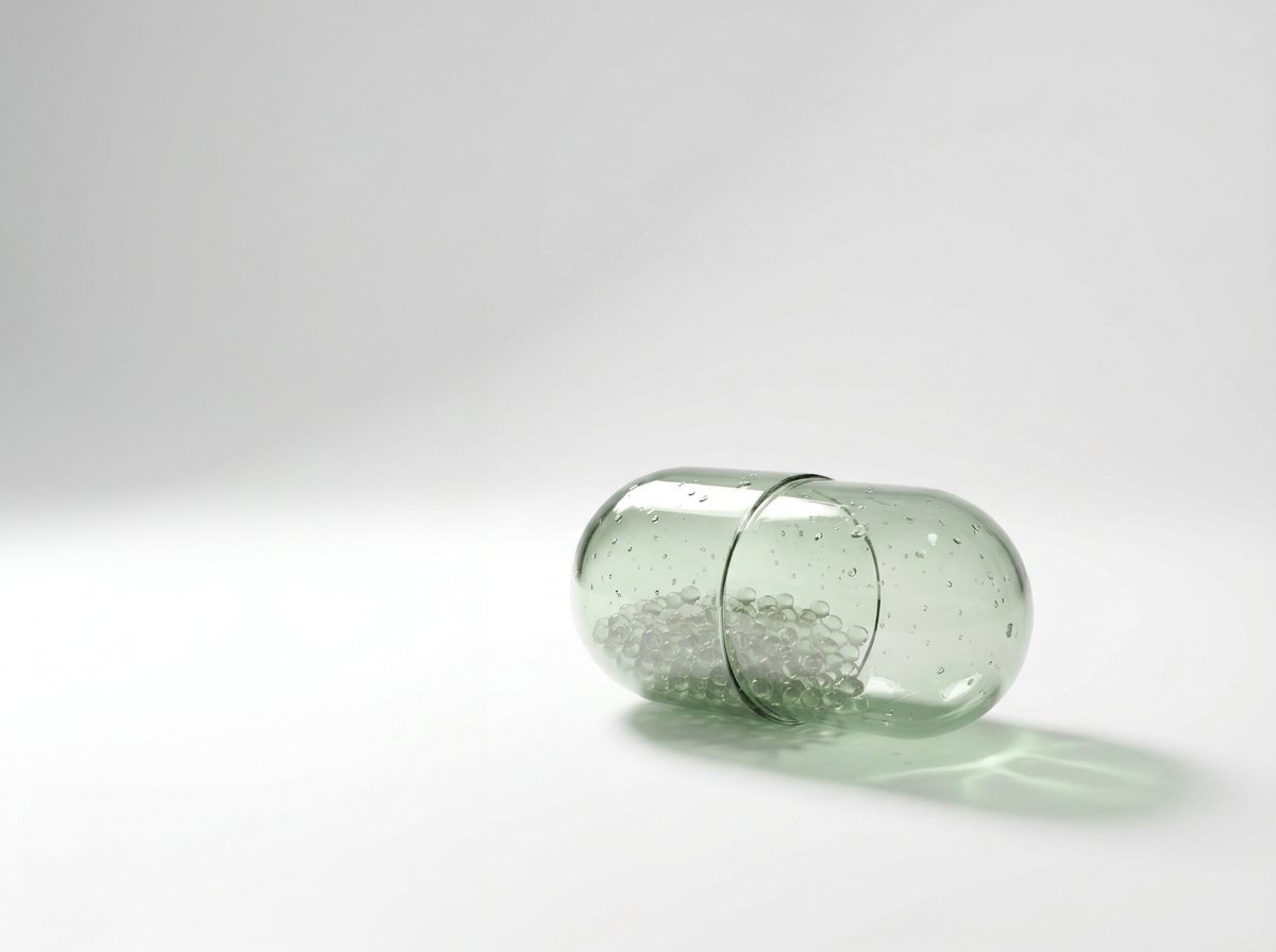 Eine Kapsel als Glasskulptur in einem hellen Raum, ohne Packung und ohne Aufschrift