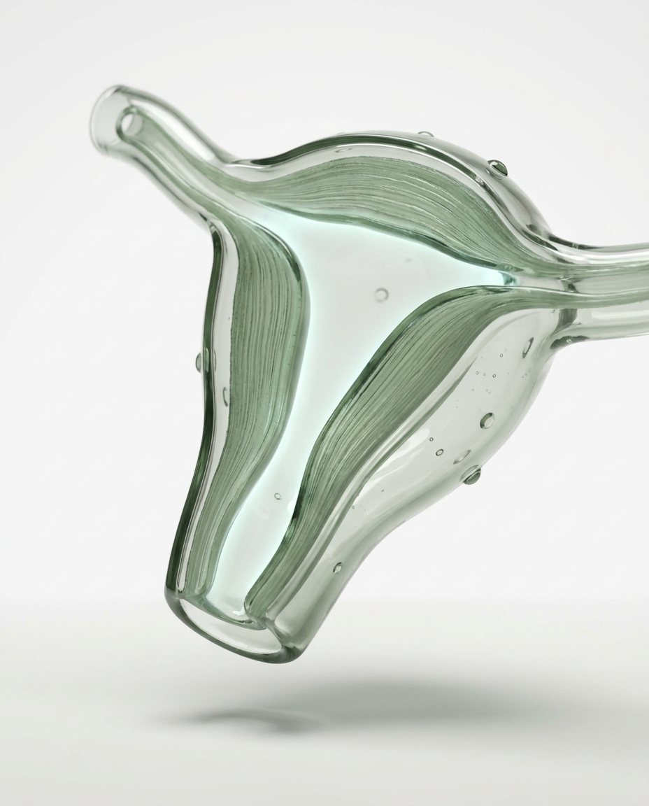 Gebärmutter als Glasskulptur mit aufgebauter, geschichteter Gebärmutterschleimhaut