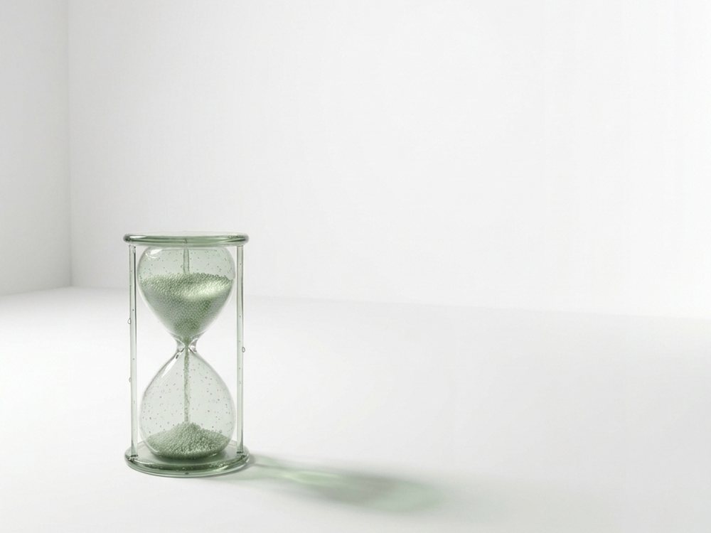 Sanduhr aus salbeigrünem Glas in einem hellen Raum