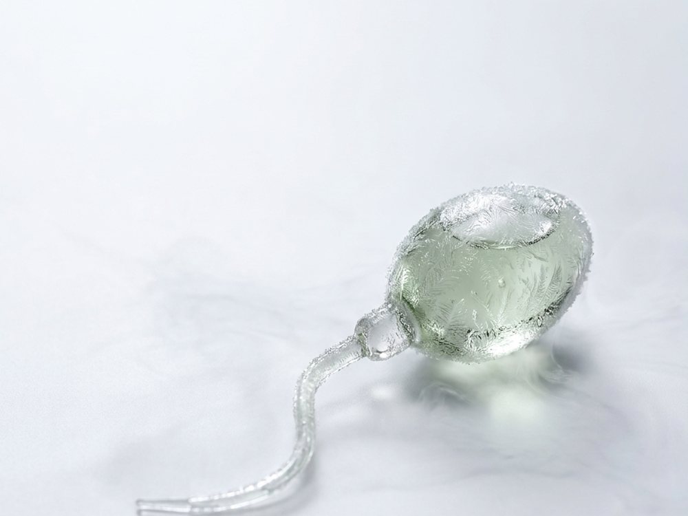 Spermium als Glasskulptur mit feinem Eisrand auf hellem Grund
