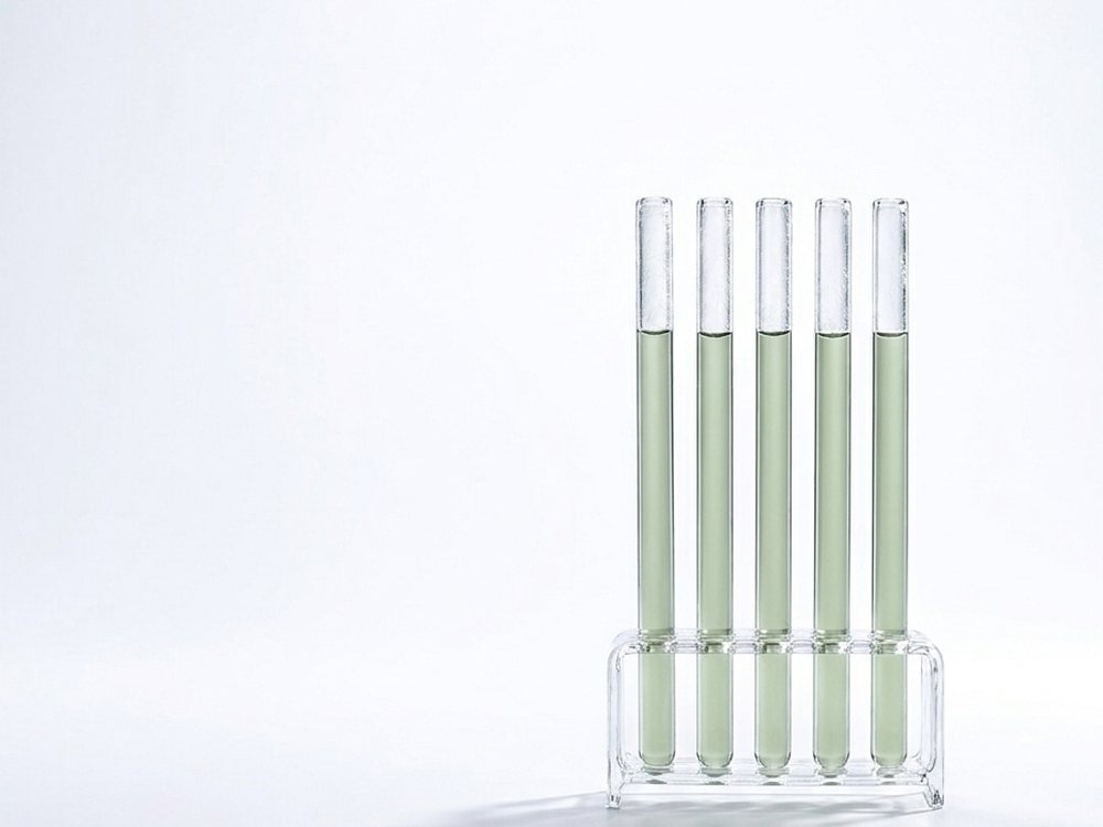 Fünf schlanke Kryo-Röhrchen aus Glas in einem Halter, gefüllt mit salbeigrüner Flüssigkeit
