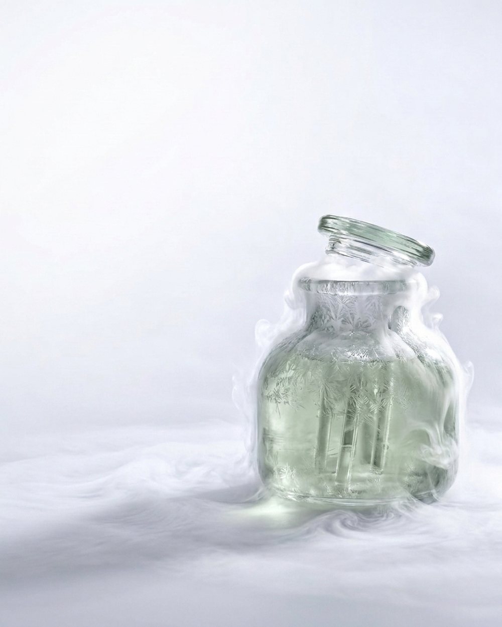 Stickstofftank aus salbeigrünem Glas mit aufsteigendem Kältenebel, darin Halter für eingefrorene Proben