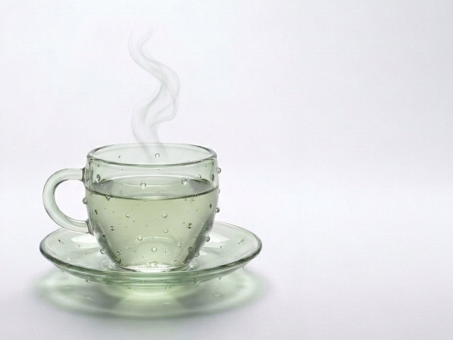 Eine Teetasse aus salbeigrünem Glas mit einem feinen Dampffaden