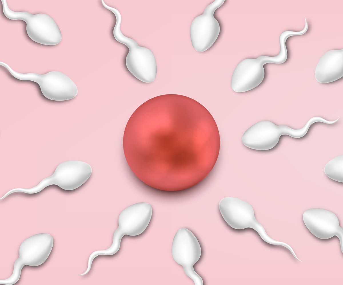 Spermien um eine Eizelle als Grafik auf rosa Grund